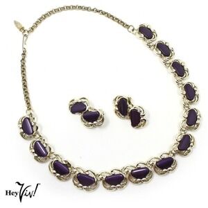 Vintage Purple Crescent Thermoplastic Necklace and Clip On Earrings Set -Hey Viv